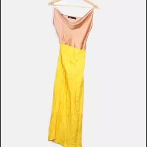 Zara Yellow Nude Colorblock Asymmetrical Satin Maxi Dress- Size S
